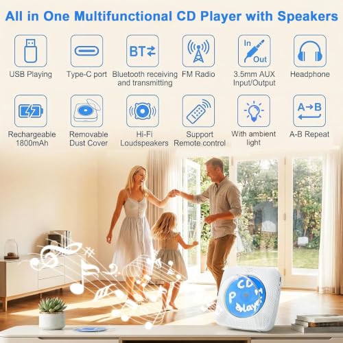 Image of Gueray CD Player Portable Bluetooth: Mini CD Player with 1800mAh Battery Desktop & Wall Mountable for Home /Kitchen Personal CD Player with Speakers FM Radio for Kids & Kpop Fans