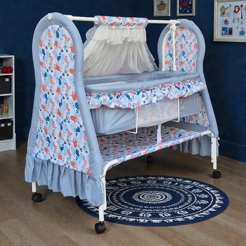 Image of Kiddery Apollo Baby Cradle (Grey) | Newborn to 12 Months | Premium Swing Cradle with Mosquito Net, Wheels & Lock | Strong Metal Frame | Comfortable Sleeping Jhula