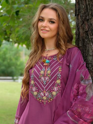 Image of INDO ERA Women's A-Line Cotton Blend Floral Embroidered Kurta & Pant With Dupatta Set (IEOUT11375)