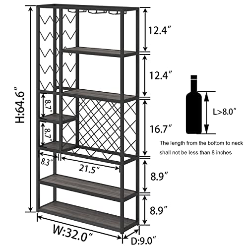 Launica Wine Rack Freestanding Floor, Modern Tall Display Wine Storage Shelves, Wood And Metal Rustic Farmhouse Stackable Bakers Rack, Coffee Buffet Bar Cabinet For Kitchen Dining Room, Dark Gray Oak #TOP1