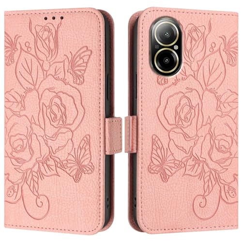 Étui Realme C67 4G antichoc fin portefeuille cuir rose fermeture aimantée et dragonne de sécurité