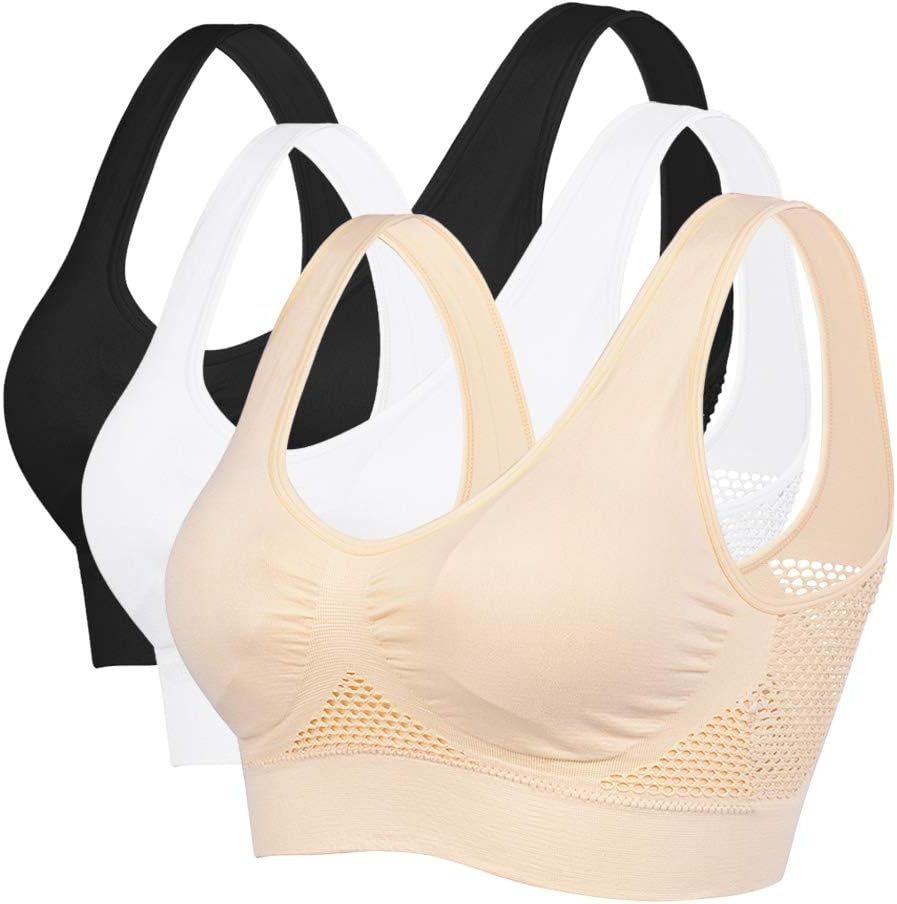 LitthingWomen's Seamless Everyday Bra, Wire Free Sports Bra with Racerback, Medium Bra Padding, Removable Pads, Non-Wired No Buckle, Breathable Nylon Mesh Design, Yoga Plus Size - White, M