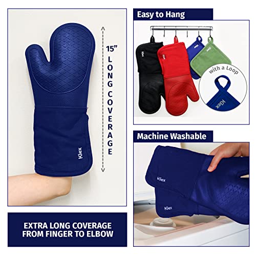 Klex Extra Long Silicone Oven Mitts And Pot Holders, 932°F Degrees Heat Resistance With Quilted Liner Oven Gloves And Hot Pads, 4 Piece Set, 15 Inch, Blue #TOP2