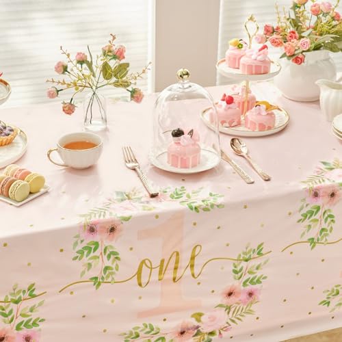Image of BLUE PANDA 3 Pack Floral Plastic Tablecloth for Baby Girl's 1st Birthday Party Supplies (54 x 108 in)