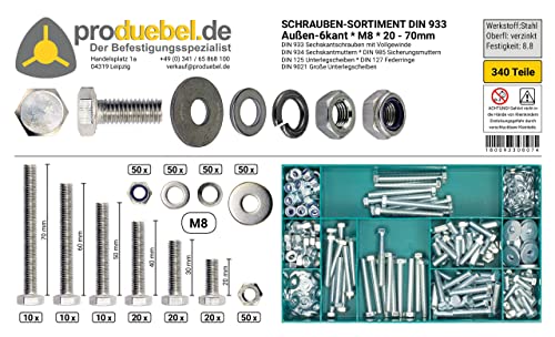 Schrauben-Sortiment – 340-tlg. – verzinkter Stahl 8.8 – M8 – DIN 933, 934, 985, 125, 127, 9021 – Sechskantschrauben mit Muttern & Unterlegscheiben – In stabiler Sortimentsbox
