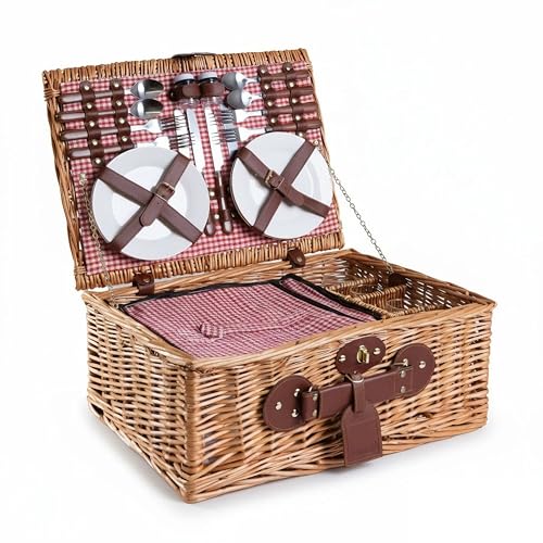 eGenuss Panier de Pique-Nique en Osier Naturel Rouge – 4 Personnes – Service Complet avec Vaisselle en Céramique & Verres à Vin – Grand Compartiment Isotherme