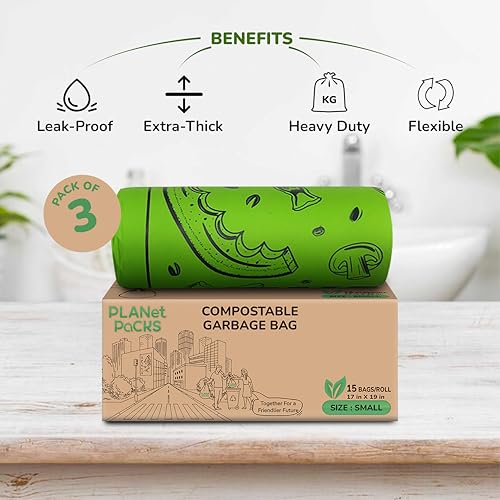 Image of Compostable Garbage Bags | Small (17 * 19 inches) | Pack of 3 (45 pcs) | Green Color | 100% Compostable & Biodegradable Garbage Bags | Leak-Proof & Heavy Duty