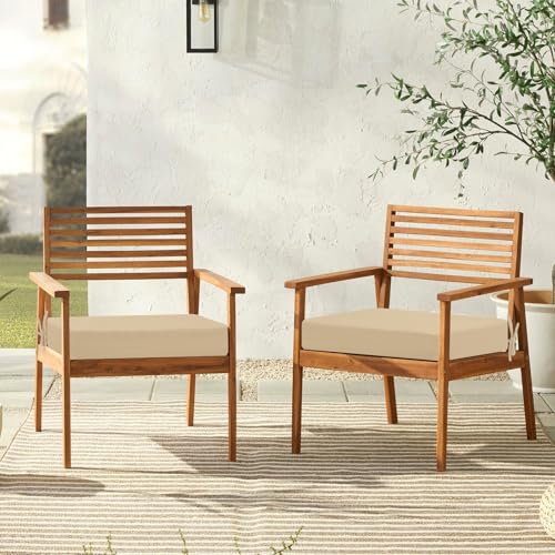 downluxe Outdoor Chair Cushions Set of 2 for Patio Furniture, Water-Resistant Square Corner Patio Chair Cushions with Ties, High Density Foam Outdoor Seat Cushion, 18.5\" X 16\" X 3\", Beige