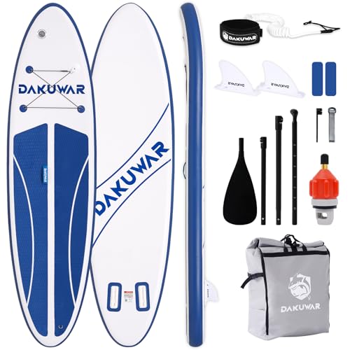 DAKUWAR Inflatable Paddle Board 10'x31.5''x6'' Folding Stand up Paddle Boards with SUP Accessories Valve Adaptor/2 fins/SUP Backpack/Ankle Leash/Repair Kit (Deep Blue and White)