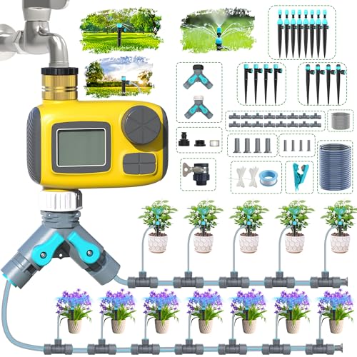 TRJZWA Automatique Programmateur avec Goutte à Goutte Accessoires, Système D'arrosage Automatique avec 3 Programmes D'irrigation Séparés, 3 Types D'embouts...