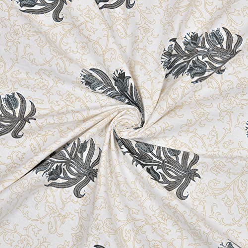 Image of BLOCKS OF INDIA Hand Block Printed Cotton Daylight Curtains with Eyelets (Set of 2 Curtains, Flower 1, 5 Feet /Windowsemi Sheer, White,Grey)