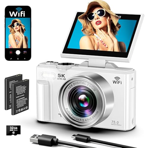 Câmera digital, vídeo de 5k, câmera de 75 megapixels, transmissão Wi-Fi, foco automático, tela giratória de 180 graus, zoom digital de 18x, cartão SD de 32G,câmera compacta,vlog,fotográfica Branco