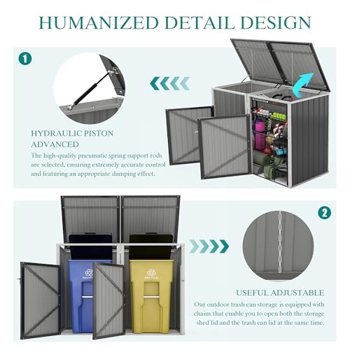 Image of KEIKI Outdoor Garbage Bin Shed for 2 Trash Cans, 54 Cu.Ft Metal Trash Can Storage with Hydraulic Lift Lid, Galvanized Steel Lockable Enclosure for Yard, Garden, Patio, Dark Gray