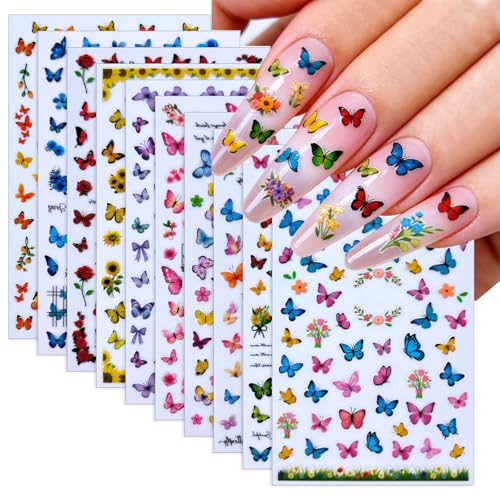 10 Sheets Spring and Summer Butterflies Nail Art Stickers Sunflowers Rose Nail Stickers Colorful Butterfly Flowers Design Nail Decals Design for Women Girls Manicure Decoration