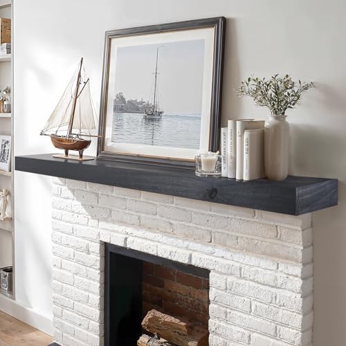 LXWZHK 60” Solid Fireplace Mantel, Rustic Floating Wooden Shelf, Wall Mounted Mantel with Invisible Iron Bracket, Black