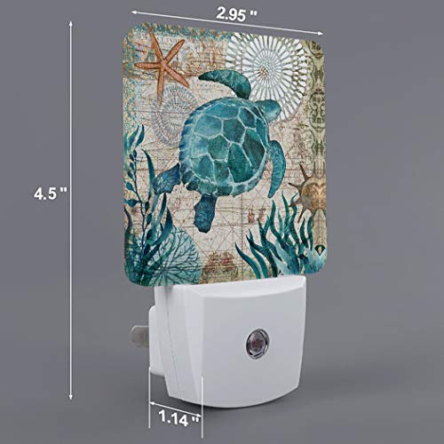 Image of Vintage Ocean Turtle Plug-in LED Night Light,Starfish World Map Auto Dusk to Dawn Sensor Nightlights Plug into Wall,White Energy Efficient Night light for Bedroom,Bathroom,Kitchen,Stairs,Hallway