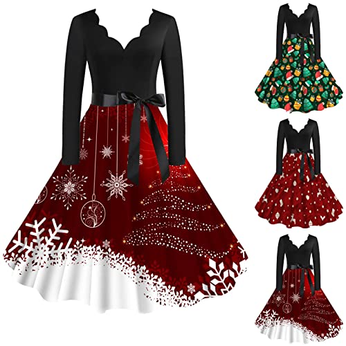 Damen Weihnachten Party Kleid Langarm A-Linie großen Rock Cocktail Party Kleid Festival Karneval und Bow Belt Kleid Vintage Cocktailkleid Midilang...