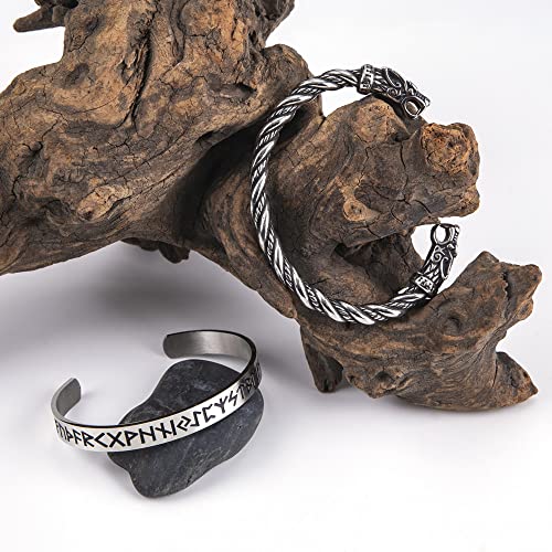 TURTLEDOVE Viking Wolf Fenrir Bangle – 2 PCS Stainless Steel Norse Scandinavian Torc – Rune Bangle Bracelet4