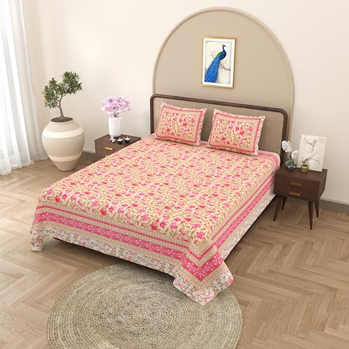 Image of Bedsheet for Double Bed King Size|Jaipuri Rajasthani Cotton Bed Sheet|1 King Size Bedsheet with Pillow Cover|240 TC Jaipuri Prints Flat Double Bed Bedsheet Cotton King Size,Multicolor