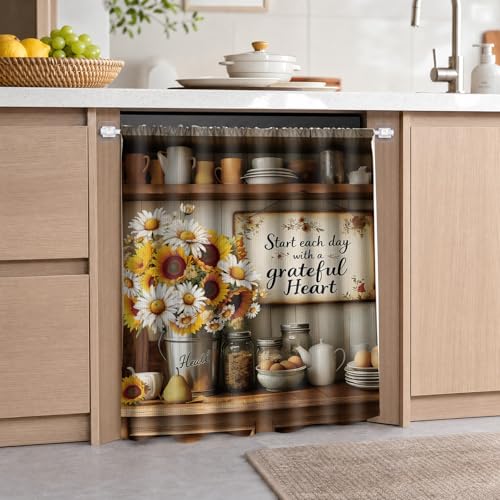 VISSTREE Dishwasher Curtain Cover Set, Wood Grain Farmhouse Style