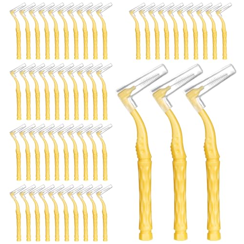 RAYITO 50pcs 1-1.2mm Interdental Brushes, Soft Dental Brushes with Non-Slip Handle Angled Head Tooth Picks Floss Sticks Dental Floss Brushes for Braces Oral Cleaning Narrow Gaps Between Teeth(Yellow)