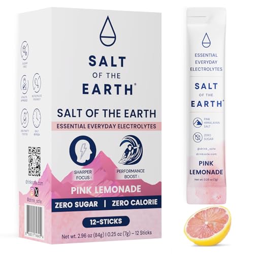 Salt of the Earth Premium Zero-Sugar Electrolyte - Made with Pink Himalayan Salt - Hydration Powder Packets | Premium Ingredients | Keto & Paleo Friendly | 12 Sticks, Pink Lemonade