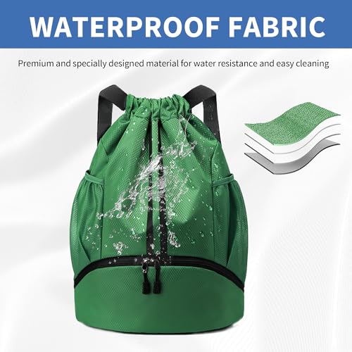 Image of JELUTAR Drawstring Backpack Gym Bag with Shoes Pocket, Dark Green | Water-Resistant String Backpack for Soccer, Basketball, Swim, Beach Cinch for Women Men, 18 L Large Capacity, Wet Pocket
