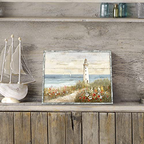 Lighthouse Framed Wooden Wall Art: Beach Artwork Abstract Ocean Painting Seascape Art Prints Coastal Pictures For Home Decor 16"X12" #TOP3