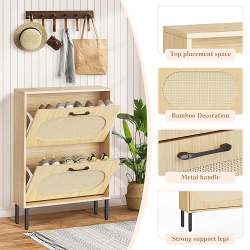 Crownland Shoe Cabinet, Shoe Storage Cabinet with 2 Flip-Out Drawers, Modern Two-Tier Shoe Rack Cabinet for Entryway, Hallway, Living Room(Wood)