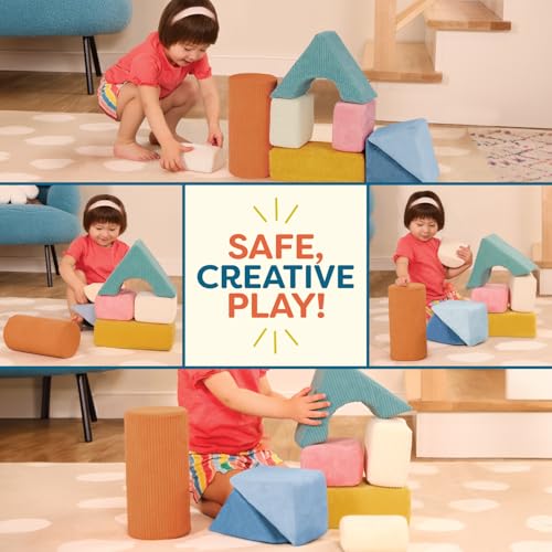 Image of B. toys Tumble-y Towers Sensory Foam Building Blocks, 8 Pieces, Activity | 8 geometric foam blocks wrapped in textured and tactile fabrics for stacking, squeezing, snuggling, and sensory, 6+ Months