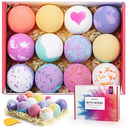 Homasy Bombas de Bao, Set de Regalo de Bomba de Bao de Piezas con Aceites Esenciales Naturales, Manteca de Karit, Sal Marina, Efervescentes, Pink, Set 1, Vainilla, 12 Unidades