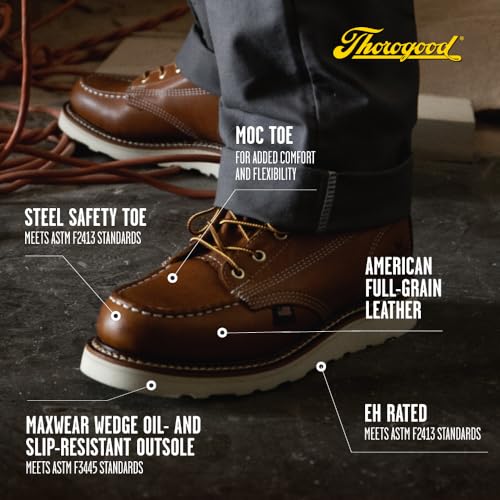 Image of Thorogood American Heritage 8 inch Steel Toe Work Boots for Men - Full-Grain Leather with Moc Toe, Slip-Resistant Wedge Outsole, and Comfort Insole; EH Rated