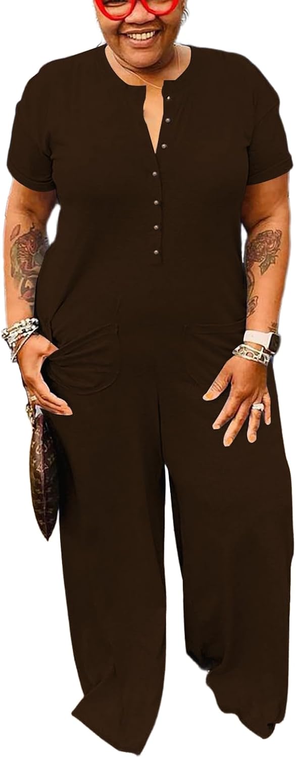 YeGine Plus Size Women Short Sleeve Loose Jumpsuit Casual Rompers One Piece Button Up Wide Leg Jumpsuits