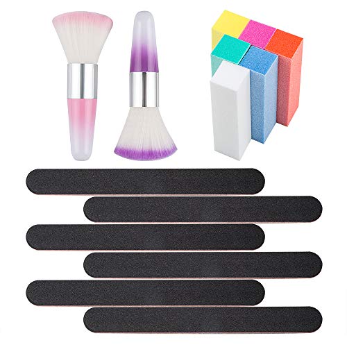 2 Pcs Soft Nail Art Dust Remover Brush,YuCool Portable Long Handle Cleaner Brush for Acrylic Nail and Makeup Powder Blush Brushes with 6 Pcs Buffer Block and 6 Pcs Nail Files-Pink,Purple