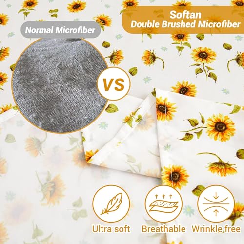 Image of Softan Floral Sheet Set Queen, Sunflower Printed Bed Sheets Queen, Cozy Double Brushed Microfiber Fitted Sheet with 15 inch Deep Pocket and Corner Straps, Cute Yellow Flower Sheet & Pillowcase Sets