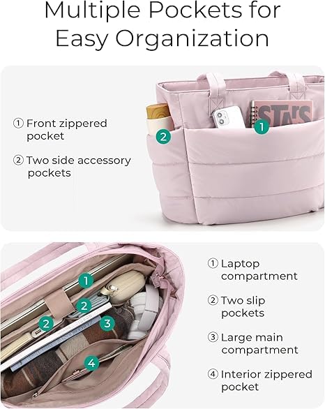 Image of Tote Bag for Woman | Lightweight Puffy Shoulder Handbag with Multi Compartment | Travel, Office, Gym & Daily Use | Durable Taslan Fabric