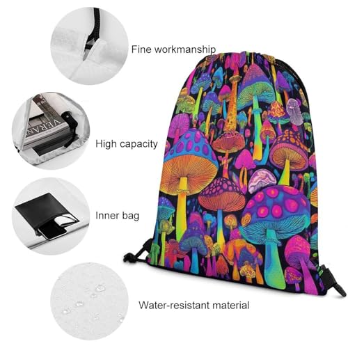 Mens Waterproof Trippy Mushroom Magic World Art Gym Bag, Pull String Sport Bag, Large Capacity Drawstring Backpack for Swim Beach Travel Hiking4