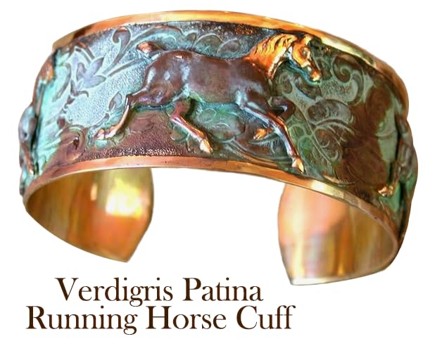 Elaine Coyne Collectible Artwear Verdigris Patina Contemporary Running Horse Cuff Bracelet - USA Made2