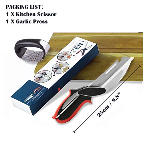 O'woda Clever Cutter 2-in-1 Knife and Cutting Board Stainless Steel Multipurpose Kitchen Scissors Food Chopper Fruit Vegetable Slicer with Garlic Press Suitable for Outdoor Picnic Barbecues, Kitchen