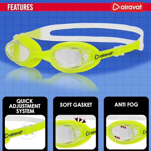 Image of AIRAVAT Hydro 0027 Swimming kit, Swimming Set With Swimming Goggle Nose & Ear Plug And Swim Cap | Optic Quality Poly carbonate Lenses, 100% UV Protection Anti-fog Coated, Ultra Durable (Lime)