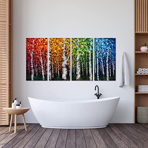 4Pcs Large 4 Seasons Canvas Birch Tree Wall Art Modern Branches Oil Painting Falls Leaves Picture Landscape Prints Framed For Bathroom Living Room Bedroom Home Office Decor Each Panel 16X32Inch (Large) #TOP4