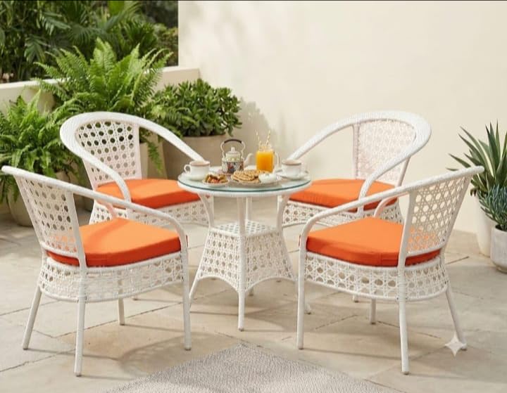 Image of India 4+1 Outdoor Indoor Patio Furniture Sets Rattan Chair Patio Set Conversation Set Bistro Set Chairs Balcony Rooftop Garden Furniture Chair with Cushion (White & Orange), 78 x 46 x 46 Cm