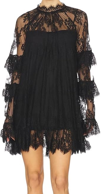 Women Lace See Through Mini Dress Long Sleeve Sheer Dress Beach Cover Up