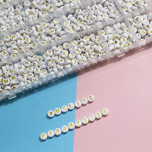 Image of Melius Acrylic Gold Letter Beads, 4x7mm Round, 1450 Pcs | 4x7mm, Letter, Number, Heart Beads, 28 Grid Box, for Jewelry Making, DIY Friendship Bracelets, Necklaces, Key Chains