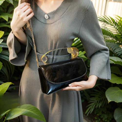 Women's Small Black Soft Pin Shaped Vegan Leather Crossbody Purse Bag with Gold Metallic Handles & Chain2