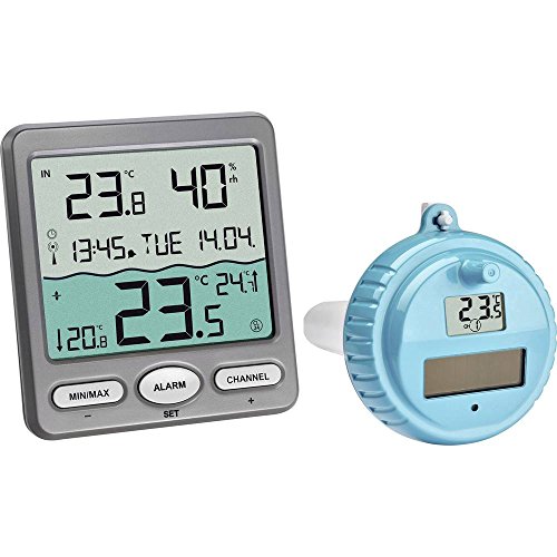 TFA Dostmann Venice Poolthermometer, 30.3056.10, zur Überwachung der Wassertemperatur in Pool, Teich oder Whirlpool, Digitales Funk-Poolthermometer, Grau, L 116 x B 24 (65) x H 126 mm