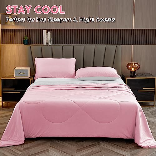 HOMFINE Cooling Comforter Japanese Double-Sided Cold Tech Fabric Cooling Blanket for Night Sweats Hot Sleepers, Q-Max 0.45 Soft Breathable Silky Smooth Lightweight Pink Summer Comforter King
