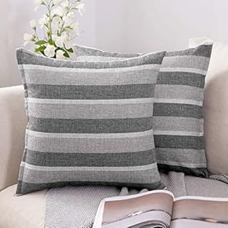 MIULEE Faux Linen Stripe Square Throw Pillow Cover Cushion Cover Home for Sofa Chair Couch/Bedroom Decorative Pillowcase 18x18 inch/45x45cm,2 Pieces Light Grey