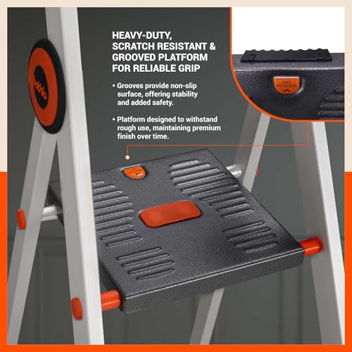 Image of Bathla Advance Pro 3-Step Foldable Aluminium Ladder for Home | Heavy-Duty & Anti-Slip Steps with Sure-Hinge Technology | 7-Year Manufacturer Warranty | Orange