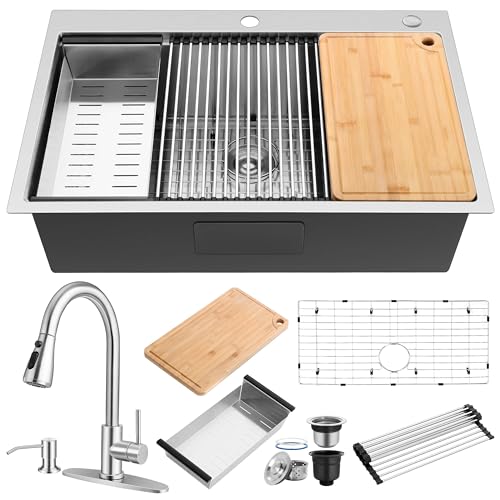 Homikit 33 x 22 Inch Kitchen Sink with Faucet, 18/10 Stainless Steel Drop In Single Bowl Kitchen Sinks, Large Farmhouse Workstation Sink Brushed Nickel, 10" Deep Metal Topmount Sink with Accessories Homikit 33 x 22 Inch Kitchen Sink with Faucet, 18/10 Stainless Steel Drop In Single Bowl Kitchen Sinks, Large Farmhouse Workstation Sink Brushed Nickel, 10" Deep Metal Topmount Sink with Accessories